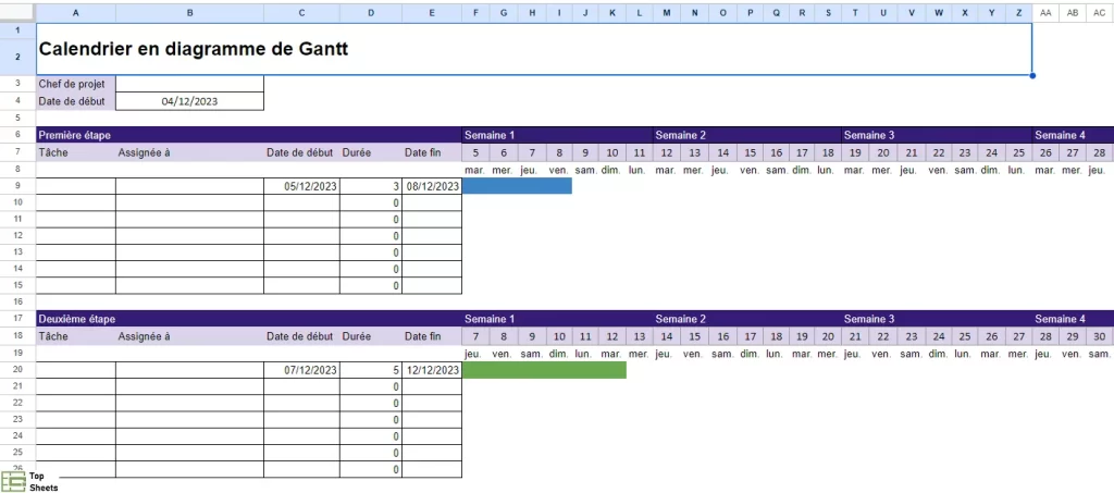 Calendrier en diagramme de Gantt dans Google Sheets