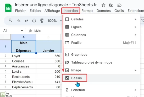 Dans la barre des menus, cliquez sur Insertion puis sur Dessin