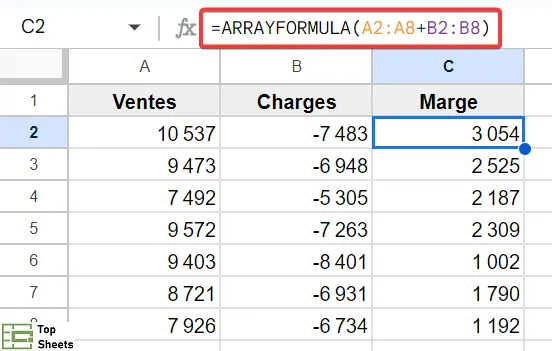 Exemple de formule matricielle dans Google Sheets