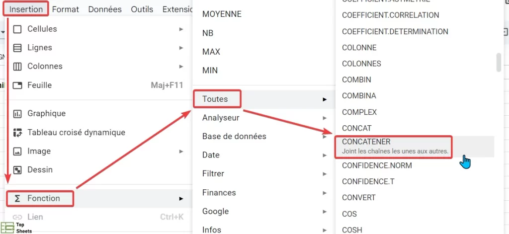 Insérer la fonction CONCATENER dans Google Sheets