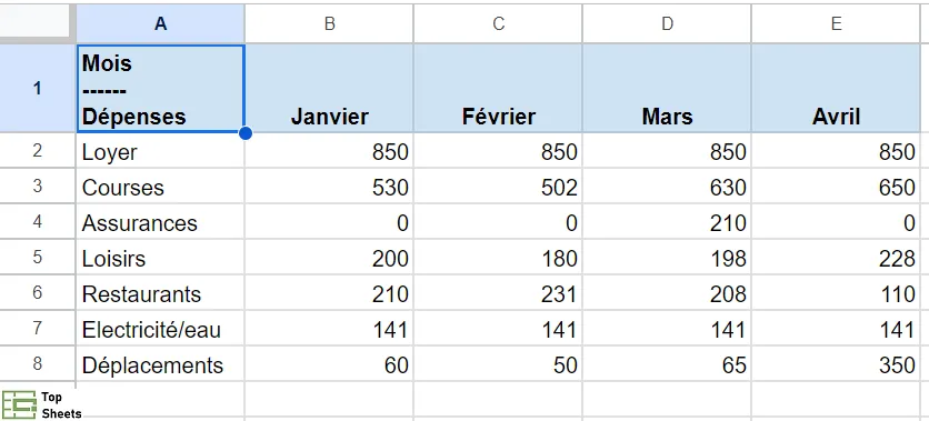 Insérez le mot Dépenses sous les tirets