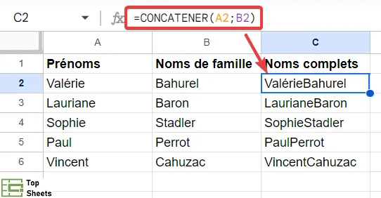 La fonction CONCATENER dans Google Sheets