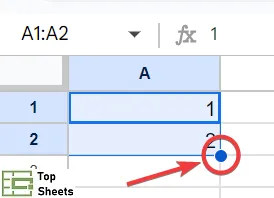 Le petit rond de la poignée de recopie dans Google Sheets