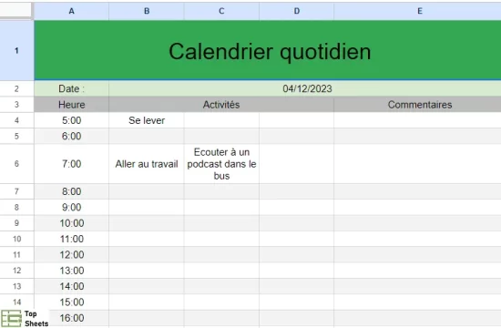 Modèle de calendrier quotidien