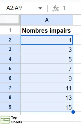 Remplissage automatique des cellules avec des nombres impairs dans Google Sheets