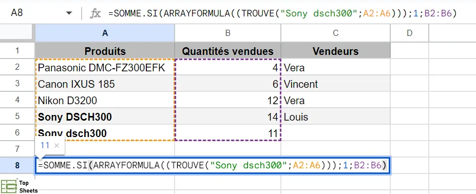 Utiliser ARRAYFORMULA pour effectuer un calcul SOMME.SI sensible à la casse