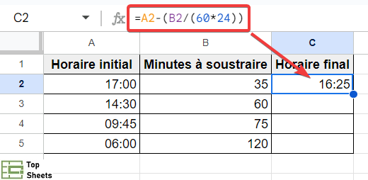 Comment soustraire des minutes dans Google Sheets