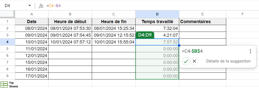 Copier la formule et acceptez la suggestion de Google Sheets