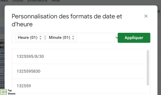 Faite votre sélection de format d'heure dans la boîte de dialogue