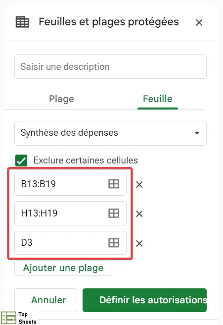 Informations sur la feuille protégée et les plages de cellules exclues de la protection
