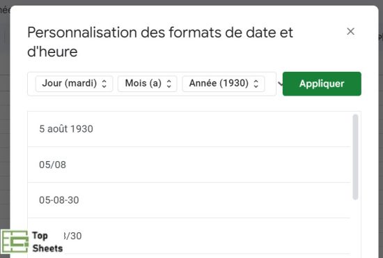 La boîte de dialogue pour le format de date dans Google Sheets