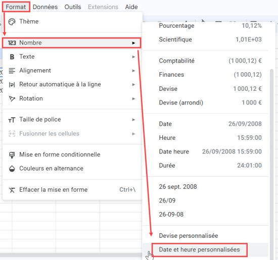 Pour personnaliser le format de la date, cliquez sur Format, Nombre et Date et heure personnalisées