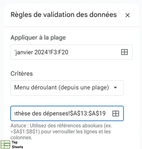 Saisir la plage des cellules qui contiennent la liste des catégories