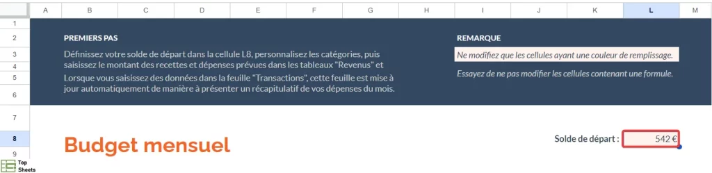 Solde de départ du mois pour le budget mensuel
