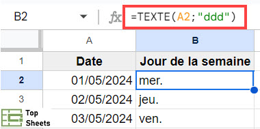 Voilà la syntaxe de la fonction TEXTE, utilisez ddd pour avoir le jour de la semaine en abrévation