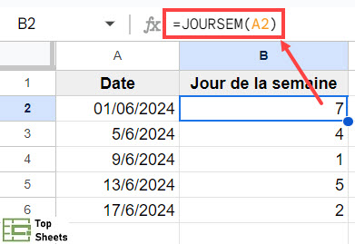 convertir une date en jour de la semaine avec JOURSEM