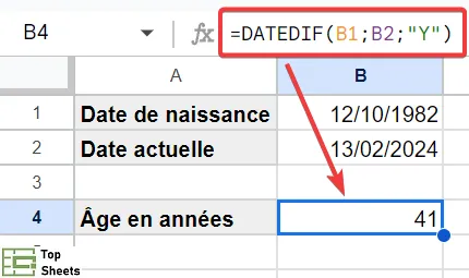 Calculer l'âge dans Google Sheets à l'aide de DATEDIF