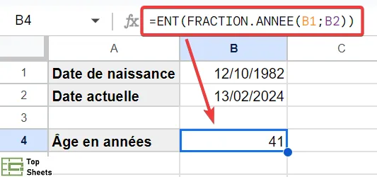 Calculer l'âge dans Google Sheets à l'aide de FRACTION.ANNEE