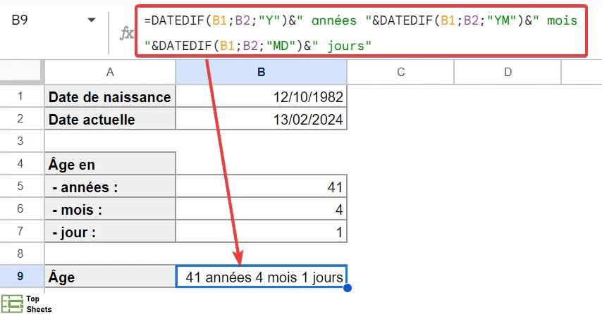 Calculer l'âge en années, mois et jours dans Google Sheets