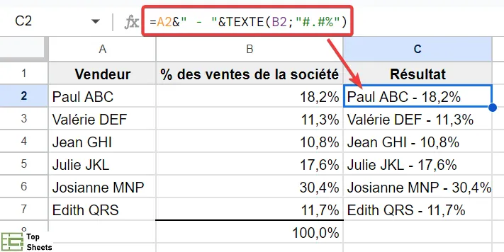 Définir le format du nombre avec la fonction TEXTE quand on combine des cellules