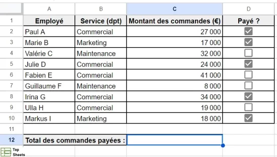Exemple de SOMME.SI.ENS avec des cases à cocher