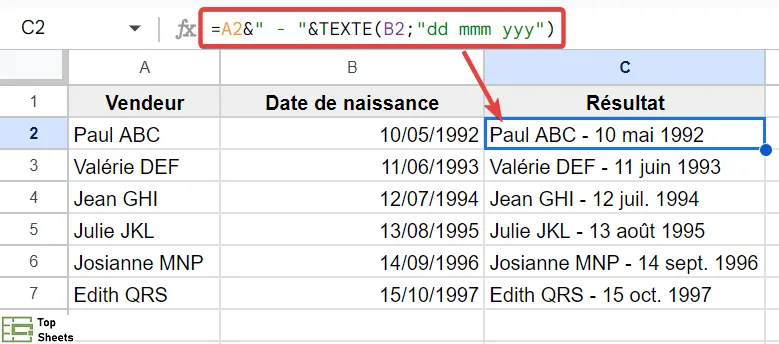 Formule TEXTE pour choisir le format de date quand on combine des cellules