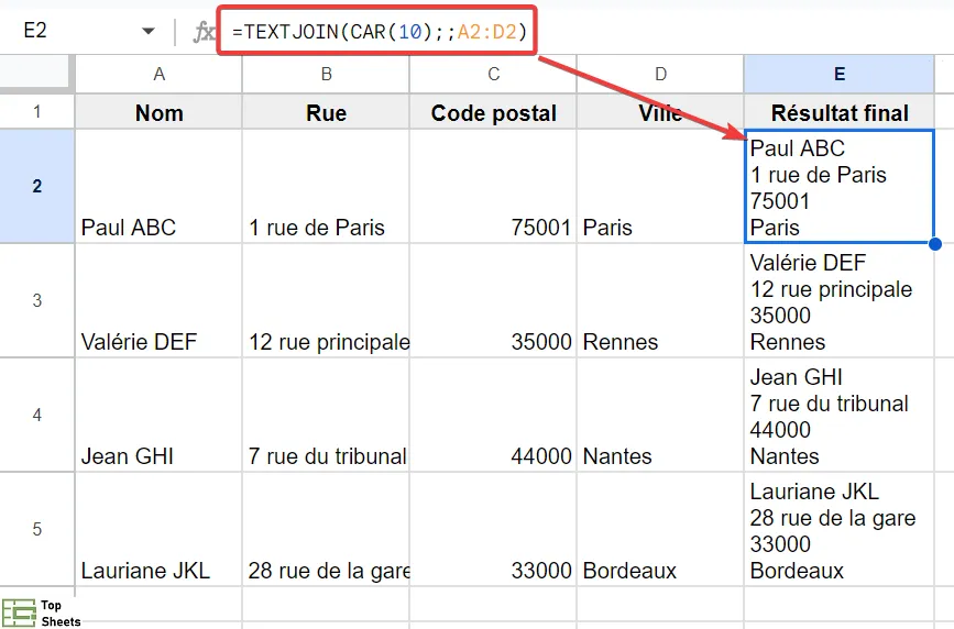 Fusionner des cellules avec la fonction TEXTJOIN