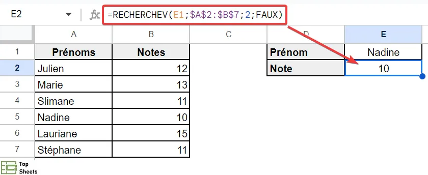 Google Sheets RECHERCHEV - exemple