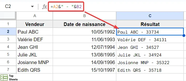 Le format de date change lorsqu'il est combiné avec du texte