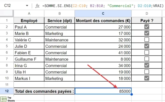 Résultat affiché par SOMME.SI.ENS avec des cases à cocher