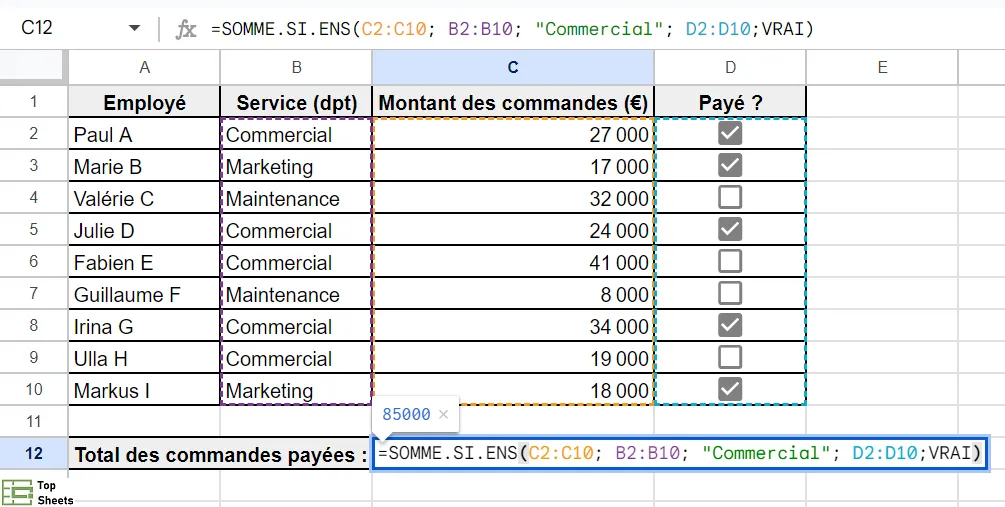 SOMME.SI.ENS quand les cases sont cochées