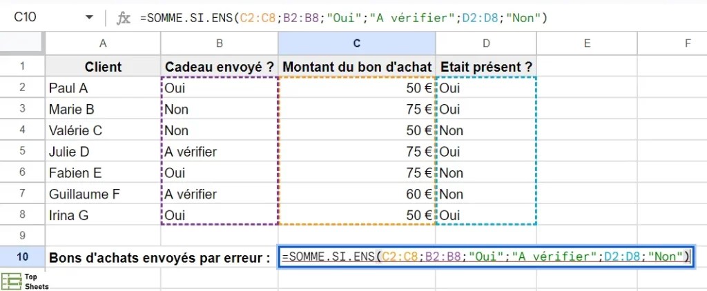 Un exemple de formule SOMME.SI.ENS qui ne fonctionne pas