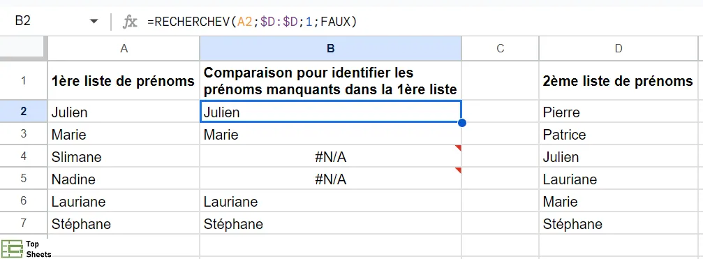 Un exemple de la façon d'afficher les valeurs manquantes à l'aide de RECHERCHEV avec 2 listes