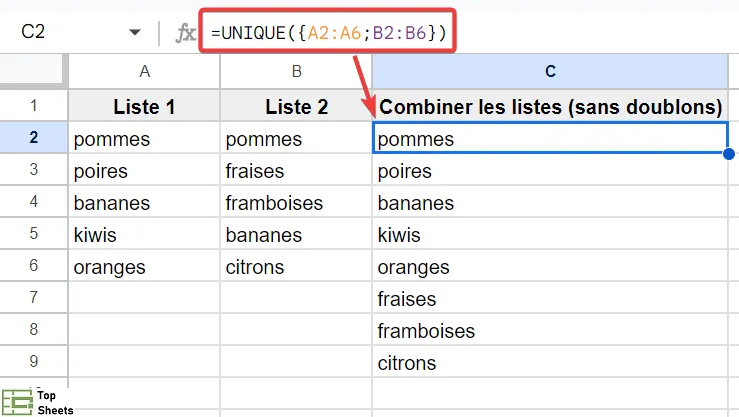 Un exemple d'utilisation de la fonction UNIQUE pour combiner des colonnes