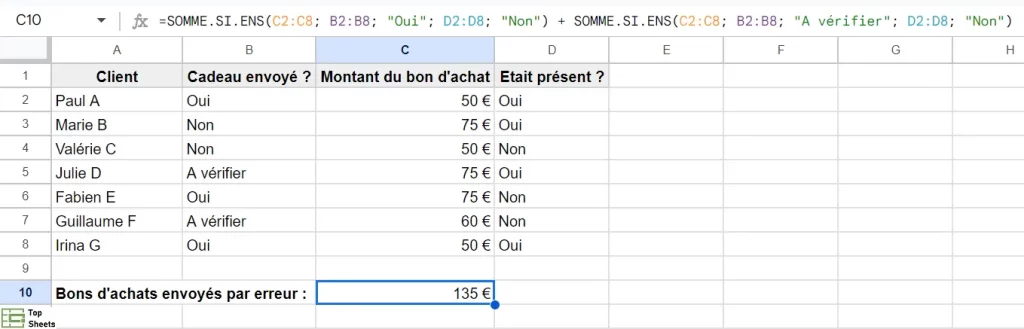 Une capture d'écran qui montre le résultat final quand on additionne deux fonctions SOMME.SI.ENS