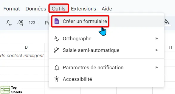 Cliquez sur Outils puis Créer un formulaire