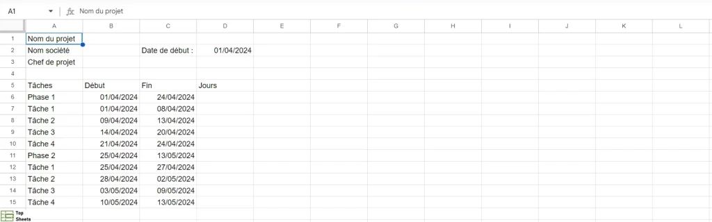 Début du diagramme de GANTT avec les tâches et les dates