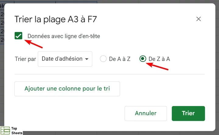 La fenêtre contextuelle de tri