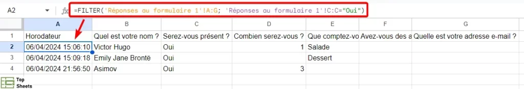 Les données collectées avec Google Forms sont filtrées dans Google Sheets