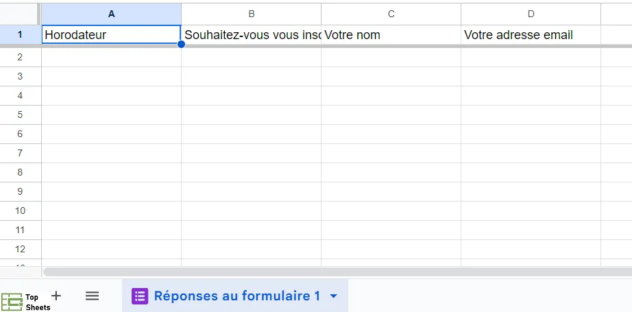 L’onglet créé par Google Forms dans la feuille de calcul Google Sheets