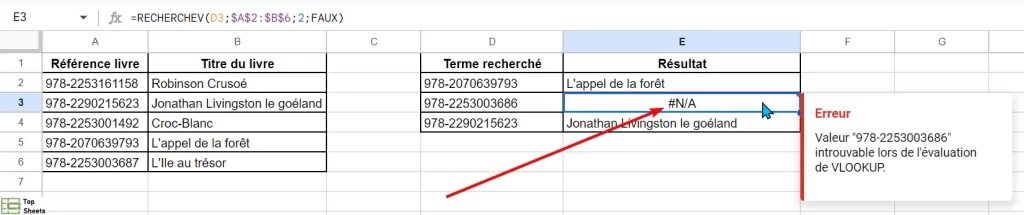 Message d’erreur #NA dans Google Sheets