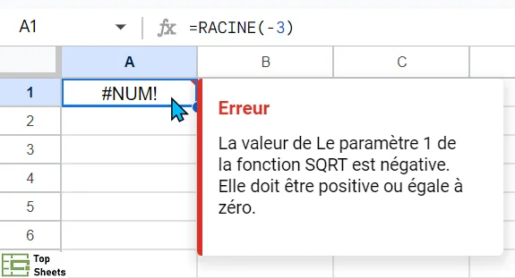 Message d'erreur de type numérique dans Google Sheets