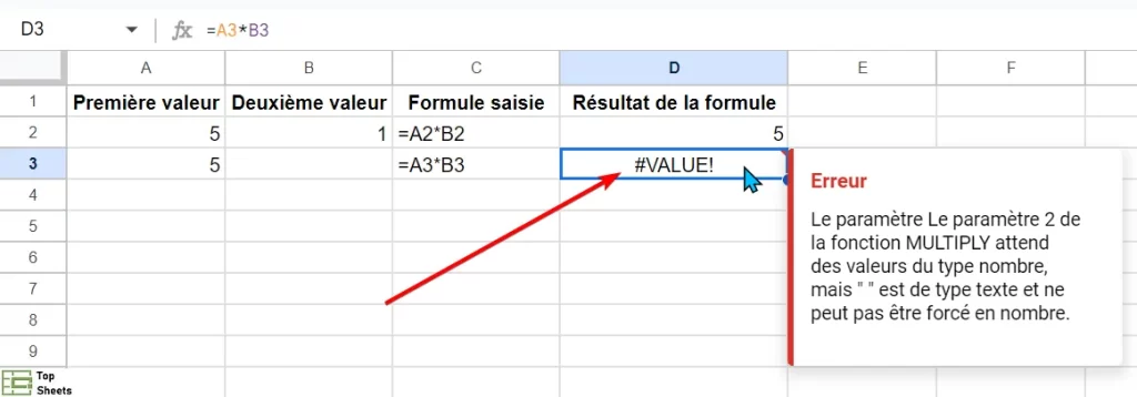 Message d'erreur de valeur dans Google Sheets