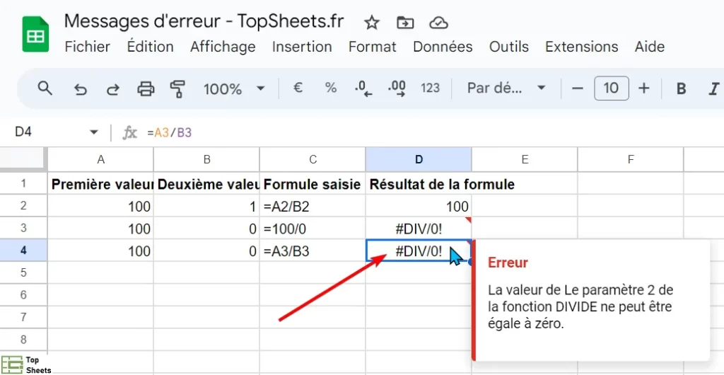 Message d'erreur quand on divise par zéro