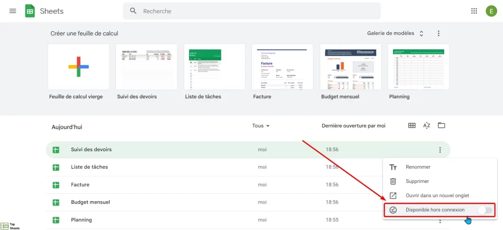 bascule disponible hors connexion dans Google Sheets