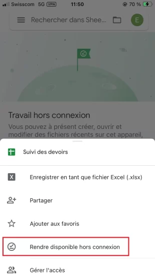 rendre disponible hors ligne sur Smartphone le fichier Google Sheets sélectionné