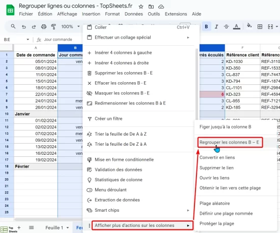 Regrouper les colonnes B - E dans Google Sheets
