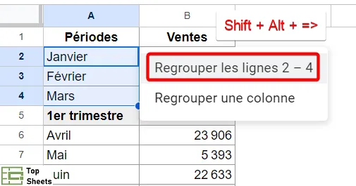 Regrouper les lignes 2 à 4 avec un raccourci clavier dans Google Sheets