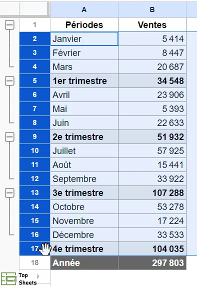 Sélectionner les lignes que l’on souhaite regrouper