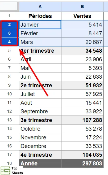 Sélectionnez les en-têtes de lignes